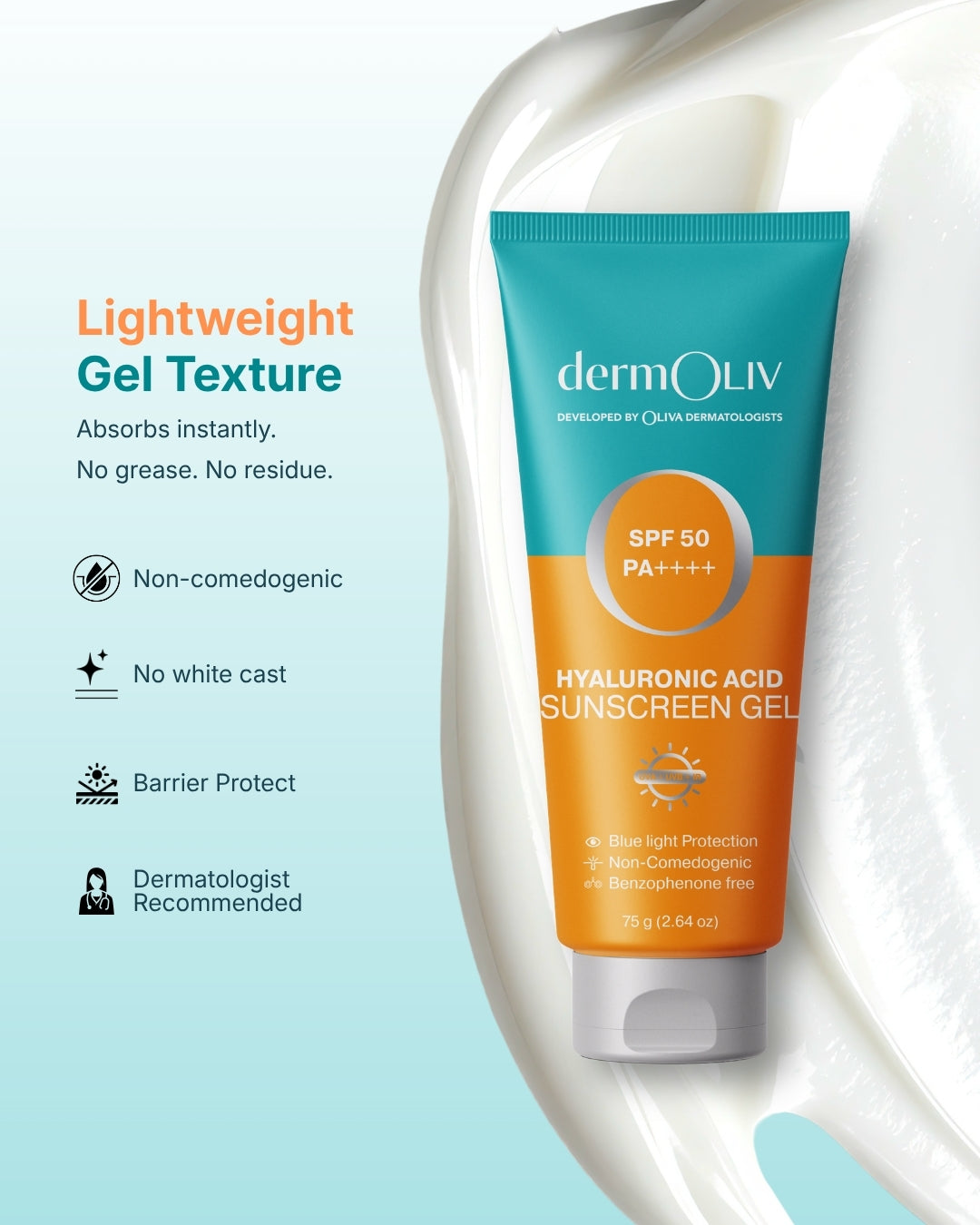 dermOLIV Hyaluronic Acid Sunscreen Gel SPF50 PA++++